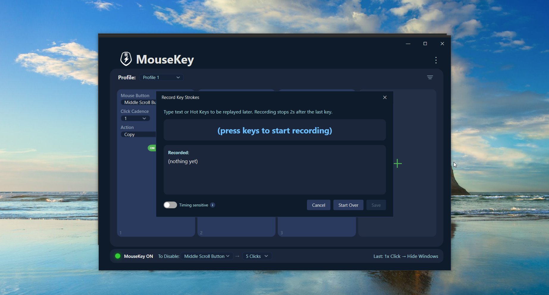 MouseKey Record Key Strokes dialog with timing sensitive toggle, start over, and save buttons