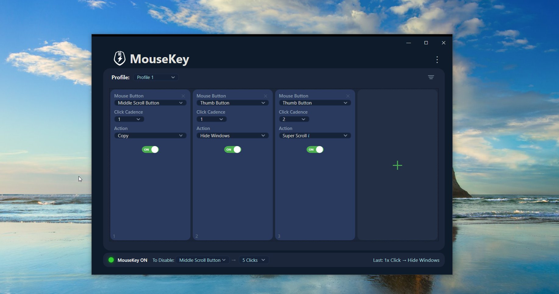 MouseKey 2.2 main window showing button slots with Middle Scroll Button, Thumb Button, and Super Scroll configured across multiple click cadences