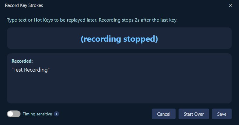 MouseKey macro recording showing a captured text string ready to save