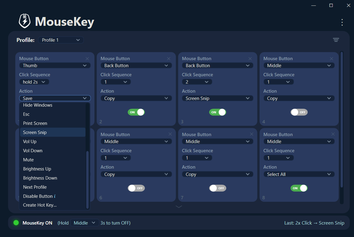 MouseKey action dropdown showing Copy, Select Window, Hide Windows, Esc, Print Screen, Screen Snip, Volume, Mute, Brightness, and Create Hot Key recorder