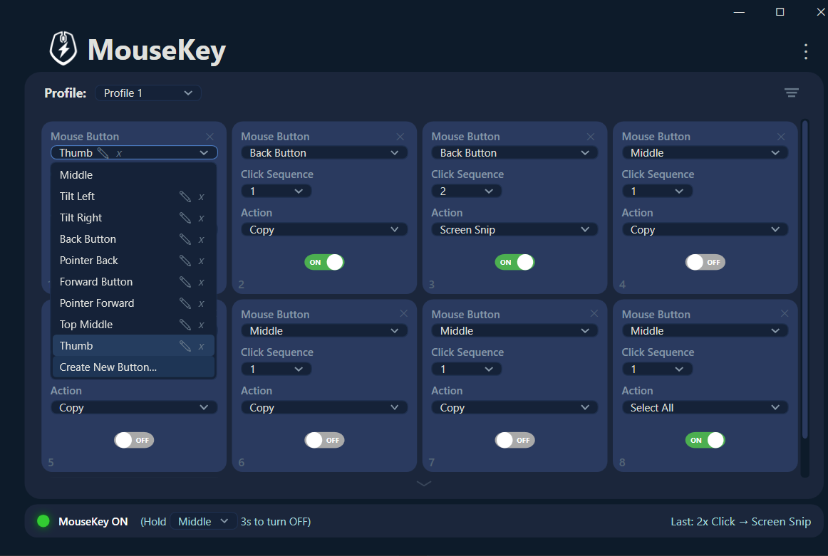 MouseKey button selection showing Middle, Tilt Left, Tilt Right, Back Button, Forward Button, Scroll Down, Scroll Up, and custom buttons